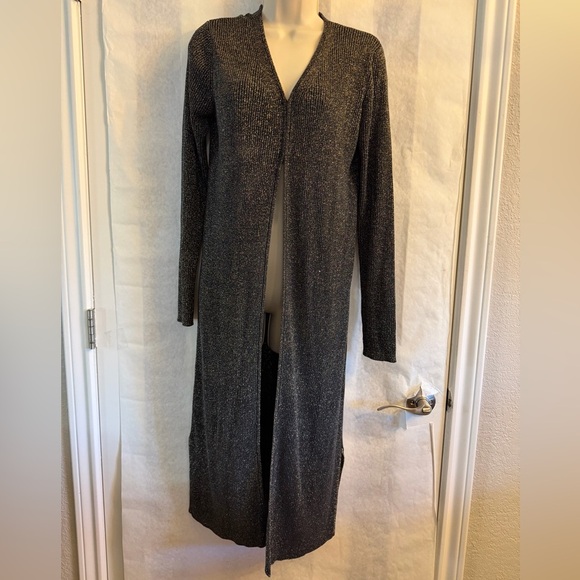 Rafaella Sweaters - Rafaella Longline Women's Black & Gold Metallic Silk blend Cardigan Sz-L. DD12